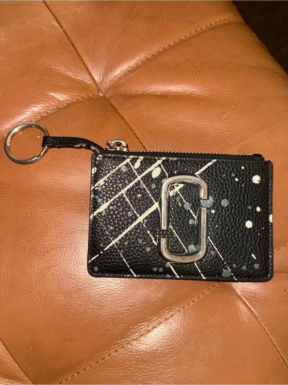 Marc Jacobs Black Leather Card Case with Mint and White Paint Splatter